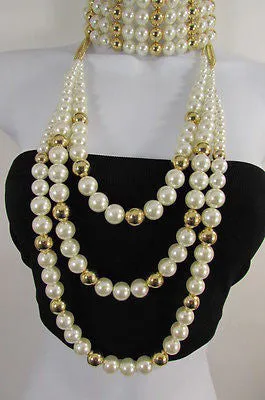 Gold Metal Multi Pearl Beads 3 Strands Chains Choker Necklace