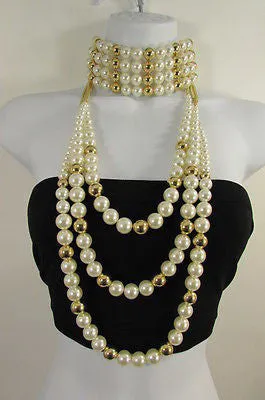 Gold Metal Multi Pearl Beads 3 Strands Chains Choker Necklace