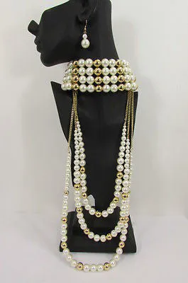 Gold Metal Multi Pearl Beads 3 Strands Chains Choker Necklace