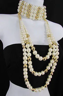 Gold Metal Multi Pearl Beads 3 Strands Chains Choker Necklace