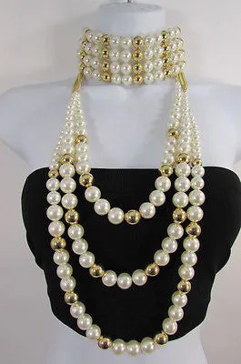Gold Metal Multi Pearl Beads 3 Strands Chains Choker Necklace