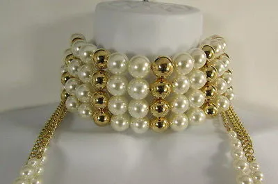Gold Metal Multi Pearl Beads 3 Strands Chains Choker Necklace