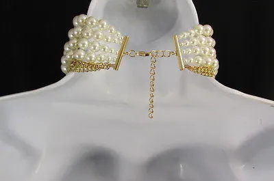 Gold Metal Multi Pearl Beads 3 Strands Chains Choker Necklace