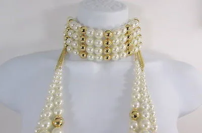 Gold Metal Multi Pearl Beads 3 Strands Chains Choker Necklace