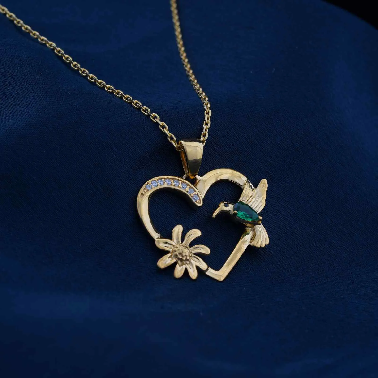 Golden Hummingbird Green Emerald Pendant