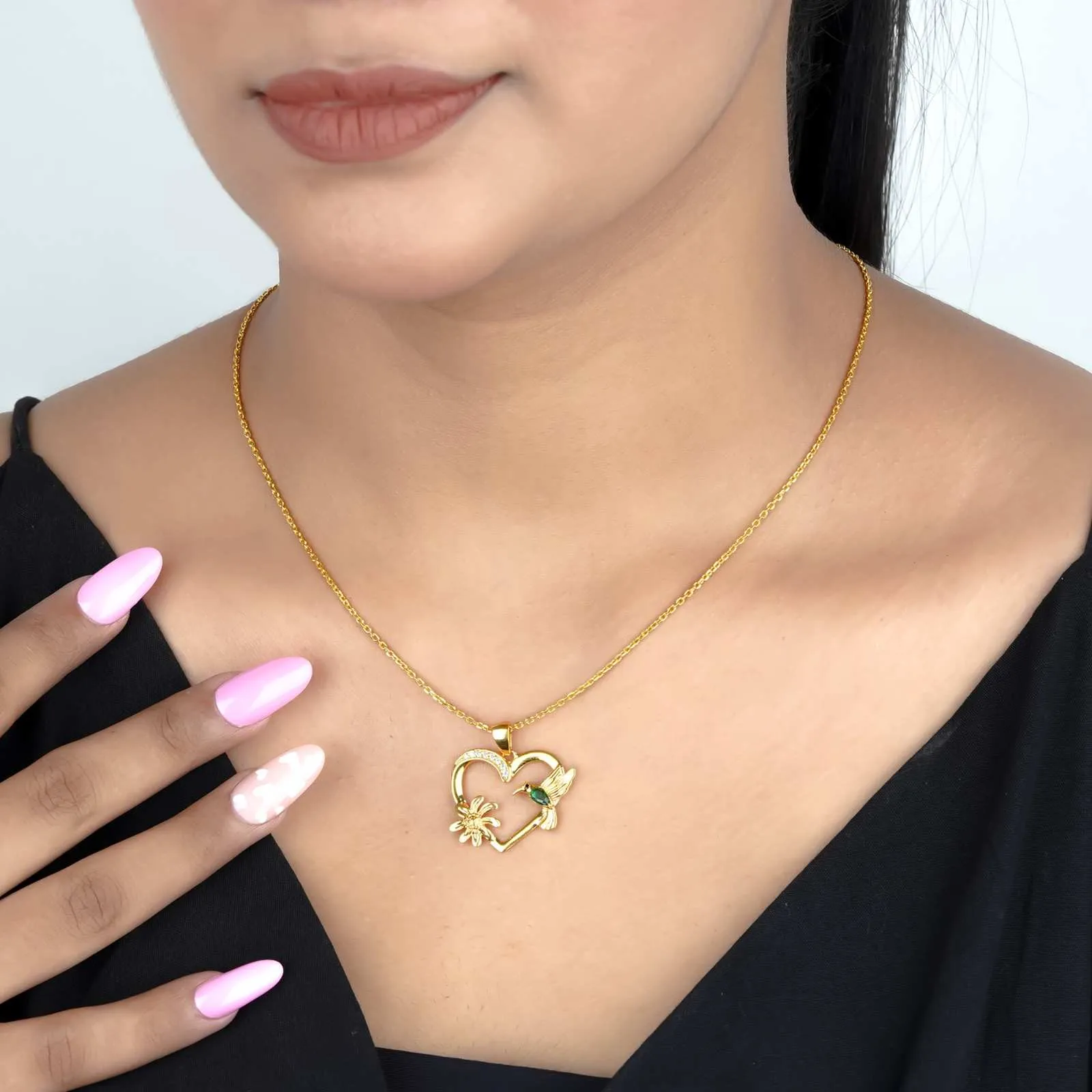 Golden Hummingbird Green Emerald Pendant