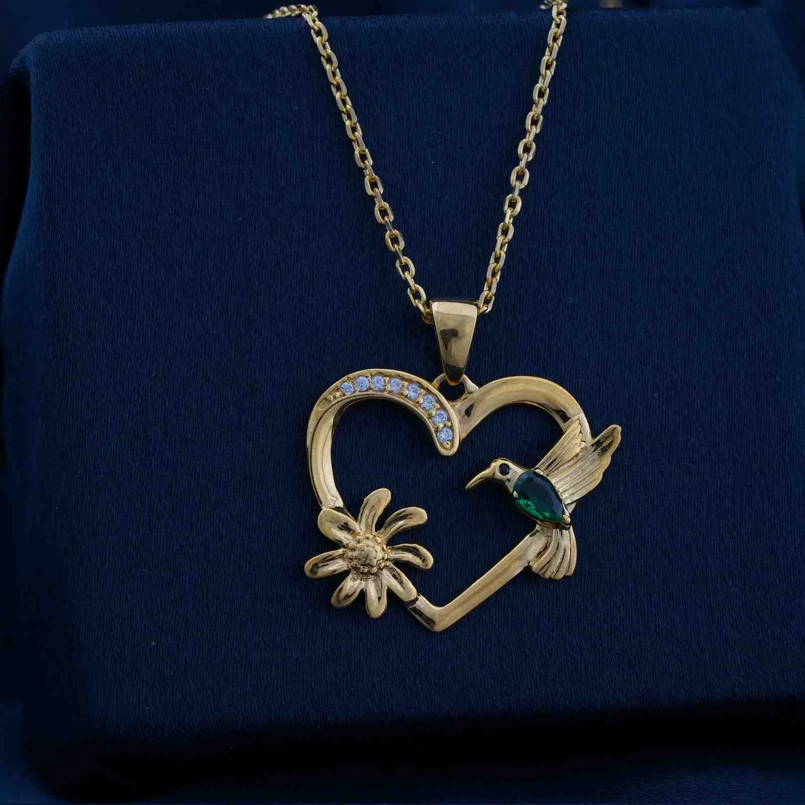 Golden Hummingbird Green Emerald Pendant