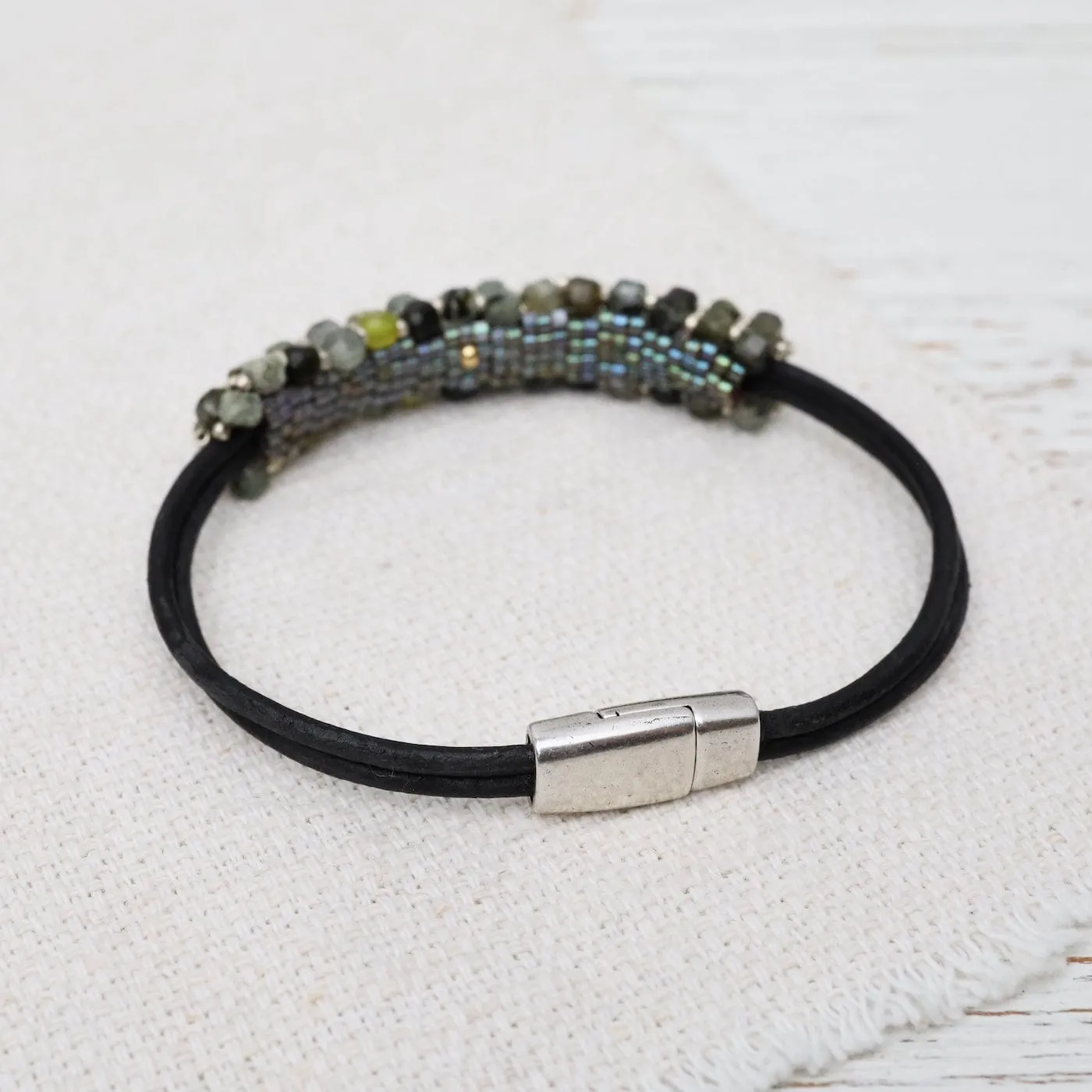 Hand Stitched Prehnite Cubes & Tiny Silver Beads Leather Bracelet