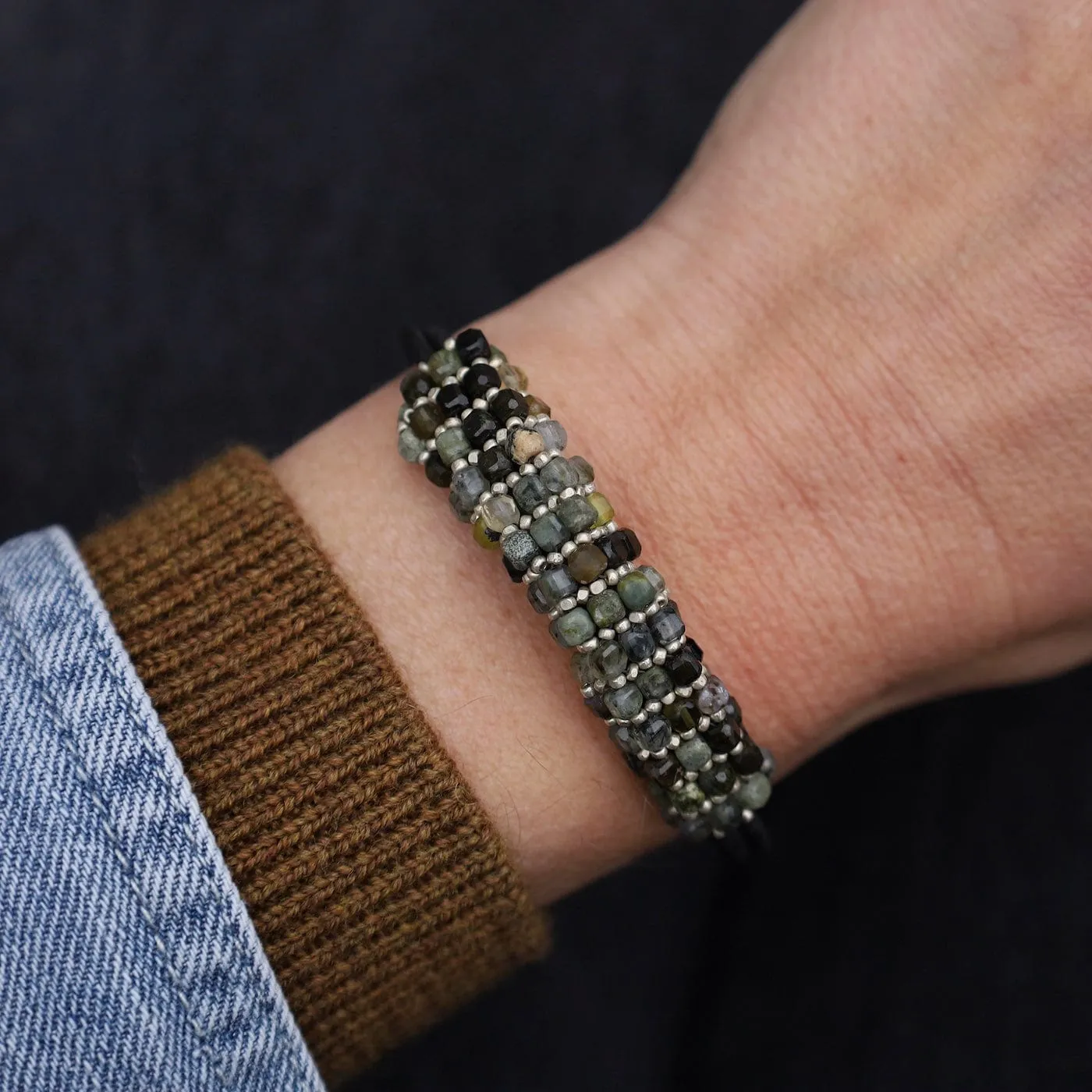 Hand Stitched Prehnite Cubes & Tiny Silver Beads Leather Bracelet