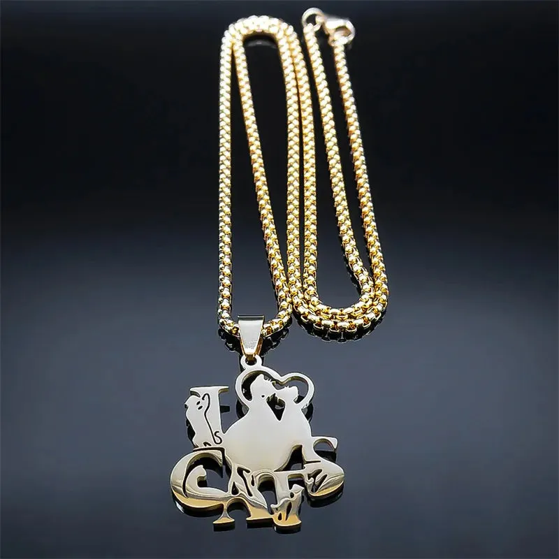 I love Cats Pendant Necklace for Women Men Stainless Steel Gold Color Animal Cat Chain Necklaces