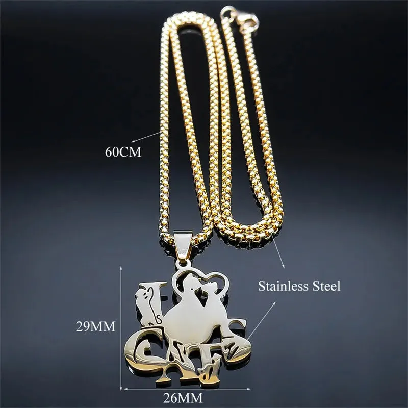 I love Cats Pendant Necklace for Women Men Stainless Steel Gold Color Animal Cat Chain Necklaces