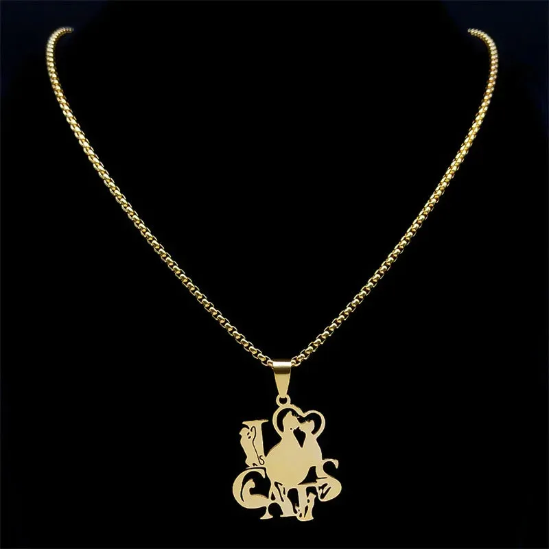 I love Cats Pendant Necklace for Women Men Stainless Steel Gold Color Animal Cat Chain Necklaces
