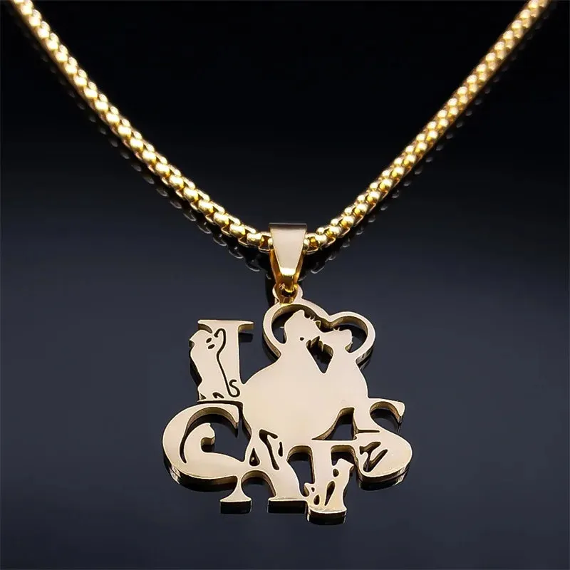 I love Cats Pendant Necklace for Women Men Stainless Steel Gold Color Animal Cat Chain Necklaces