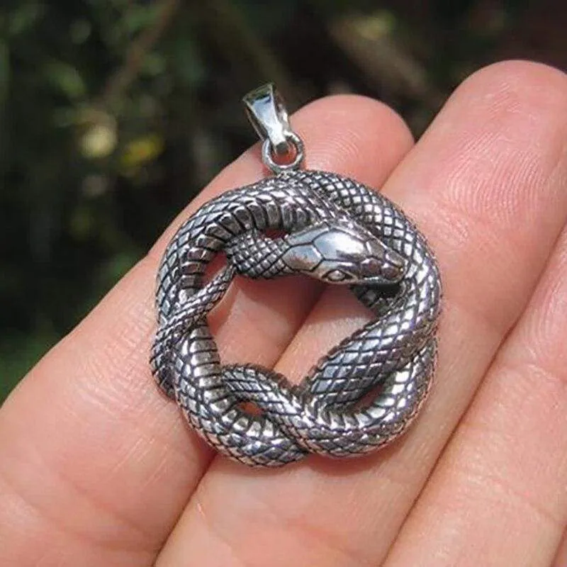 Infinity Snake Pendant Huge Charm Druid Pagan Wiccan Coiled Serpent Snake Kundalini Shakti Contemporary Elegant (Antique Silver Plated) 50cm
