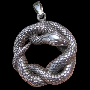 Infinity Snake Pendant Huge Charm Druid Pagan Wiccan Coiled Serpent Snake Kundalini Shakti Contemporary Elegant (Antique Silver Plated) 50cm
