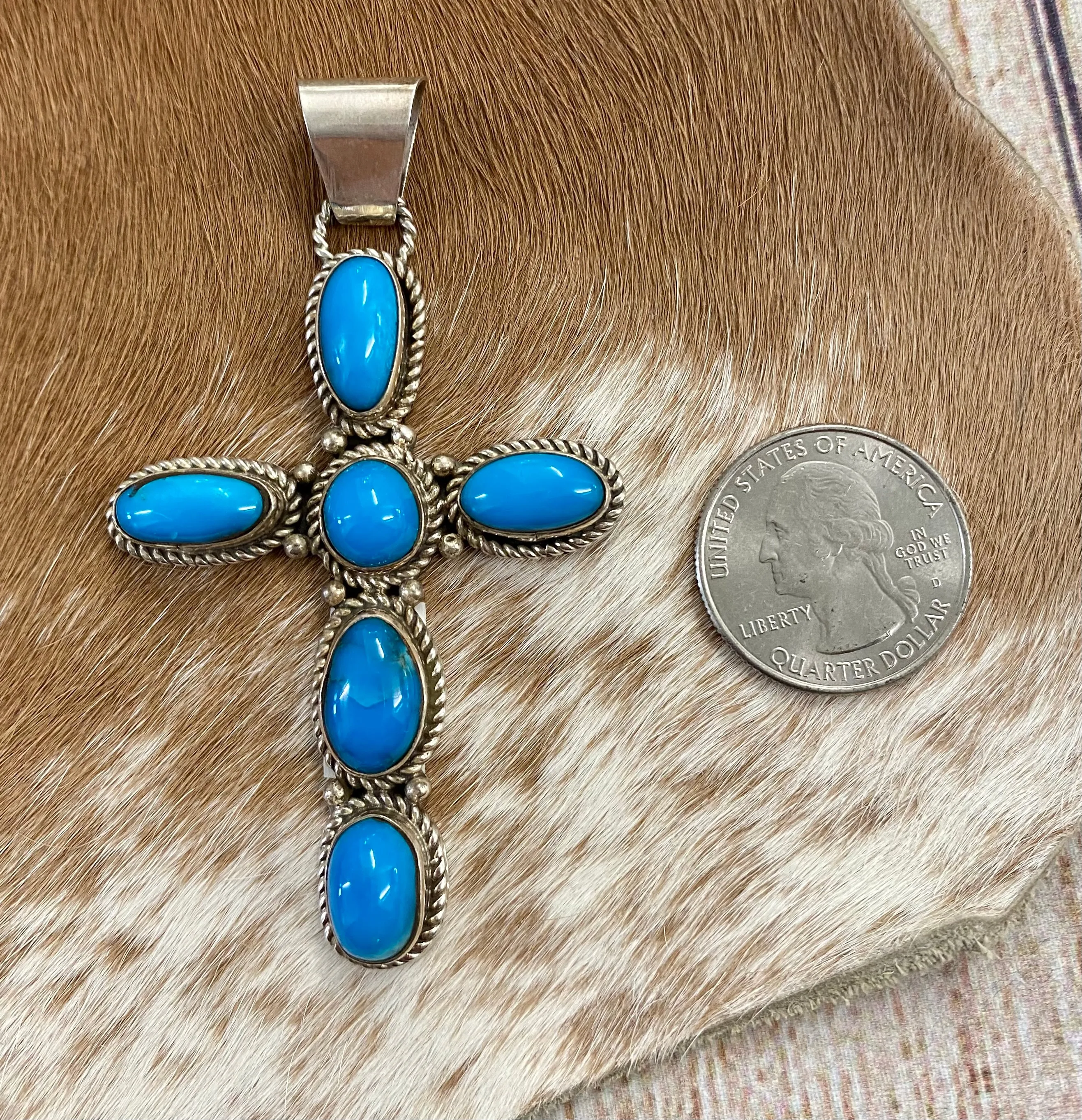 Kingman Turquoise Cross Pendant By Fred Peters