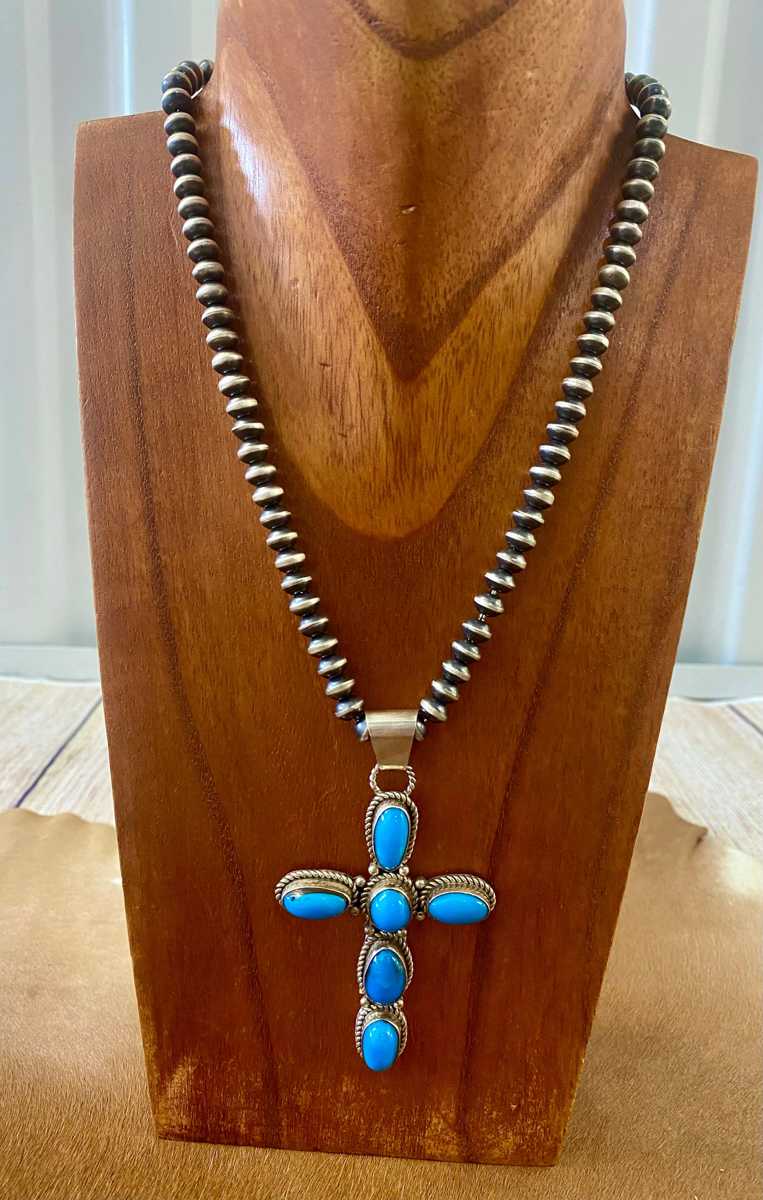 Kingman Turquoise Cross Pendant By Fred Peters