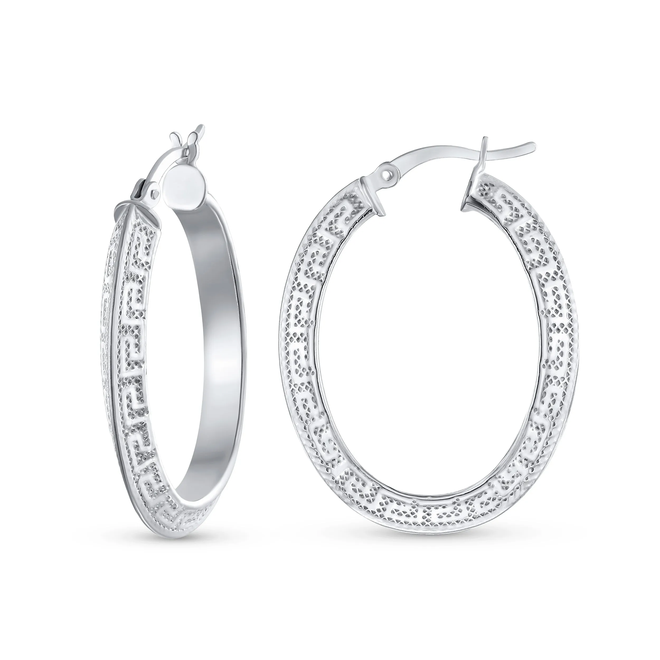 Large Greek Key Oval Hoop Huggie Earrings Sterling Silver 1 Inch Diameter