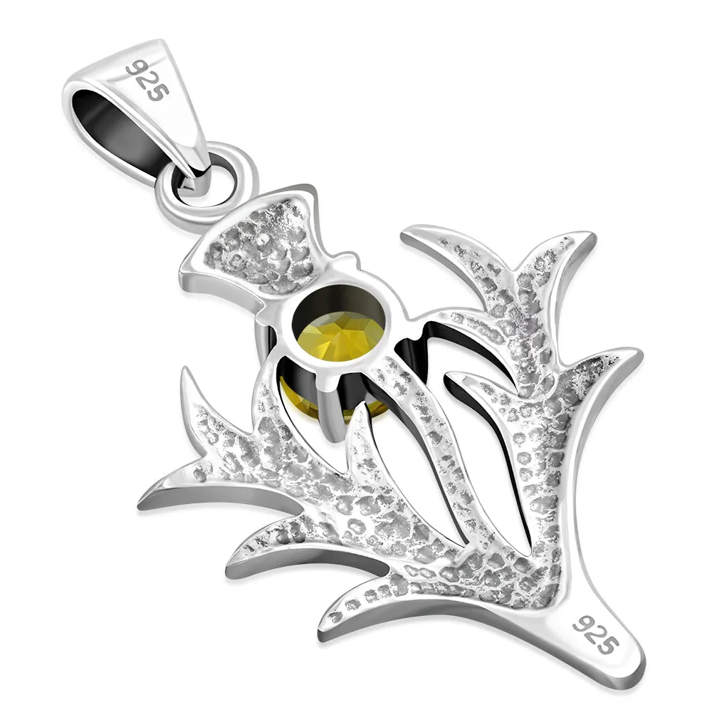 Large Scottish Thistle Silver Pendant w/ Citrine Stone