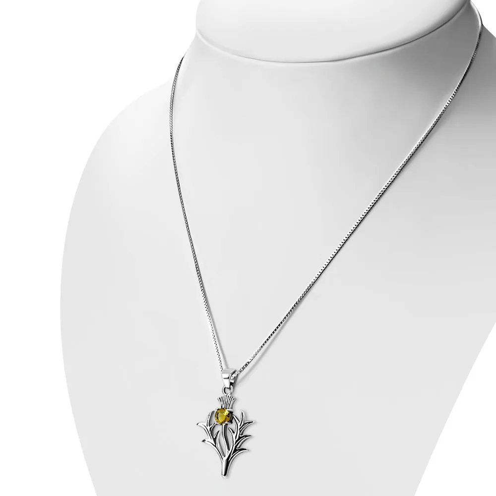 Large Scottish Thistle Silver Pendant w/ Citrine Stone