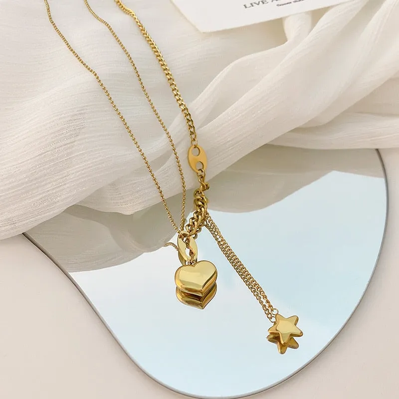 Long Love Heart Women Girls Necklaces Pendant Star Hanging Chain