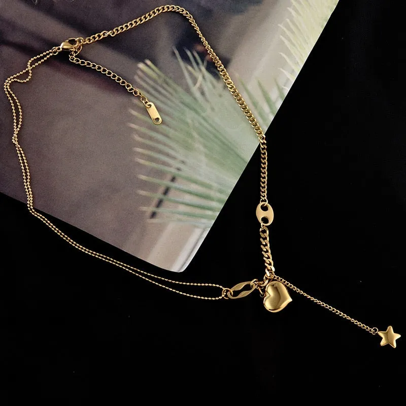 Long Love Heart Women Girls Necklaces Pendant Star Hanging Chain
