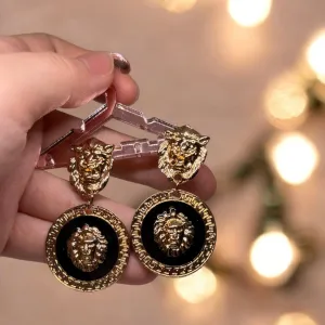 Lux - Gold and black earrings | Lion head earrings | korean earrings | baroque style earrings| Medallion shaped dangle earrings