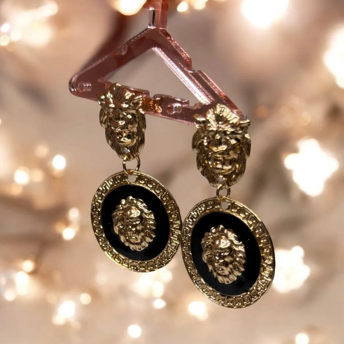 Lux - Gold and black earrings | Lion head earrings | korean earrings | baroque style earrings| Medallion shaped dangle earrings