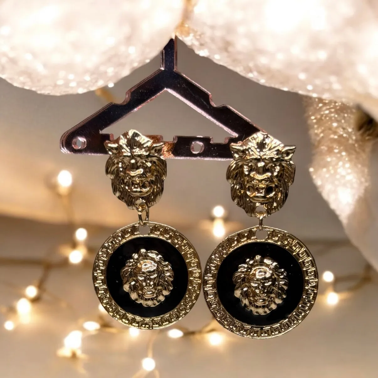 Lux - Gold and black earrings | Lion head earrings | korean earrings | baroque style earrings| Medallion shaped dangle earrings