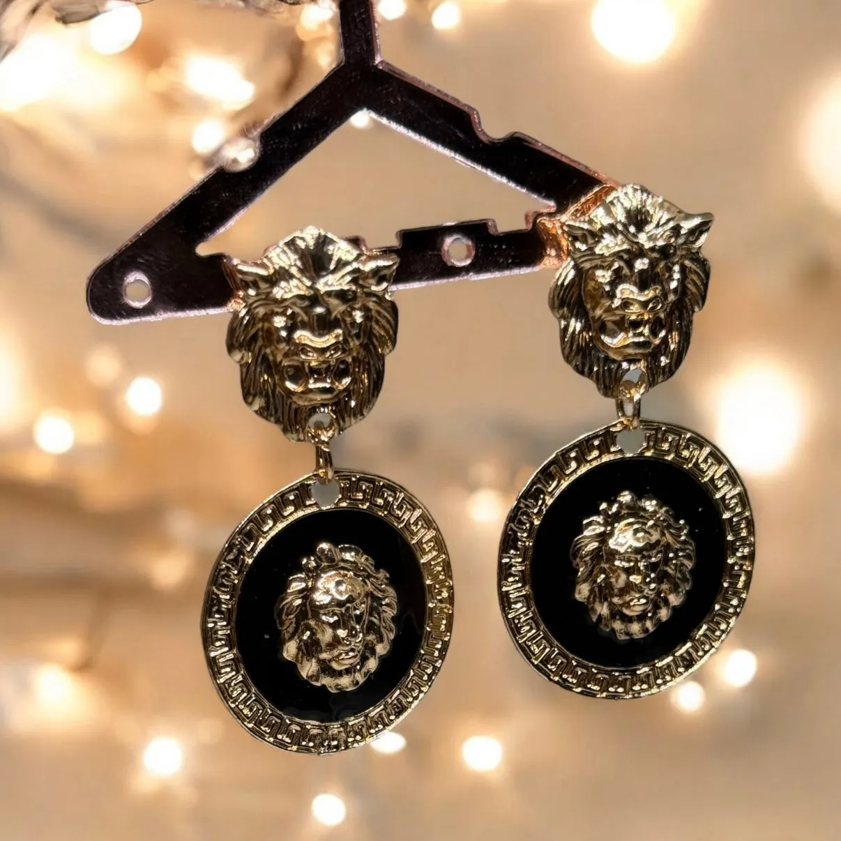 Lux - Gold and black earrings | Lion head earrings | korean earrings | baroque style earrings| Medallion shaped dangle earrings
