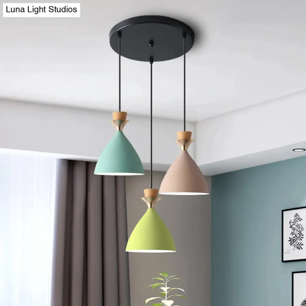 Macaroon 3-Light Cluster Pendant: Vibrant Green, Pink, and Yellow Cone Metal Shade Hanging Light with Adjustable 59" Wire
