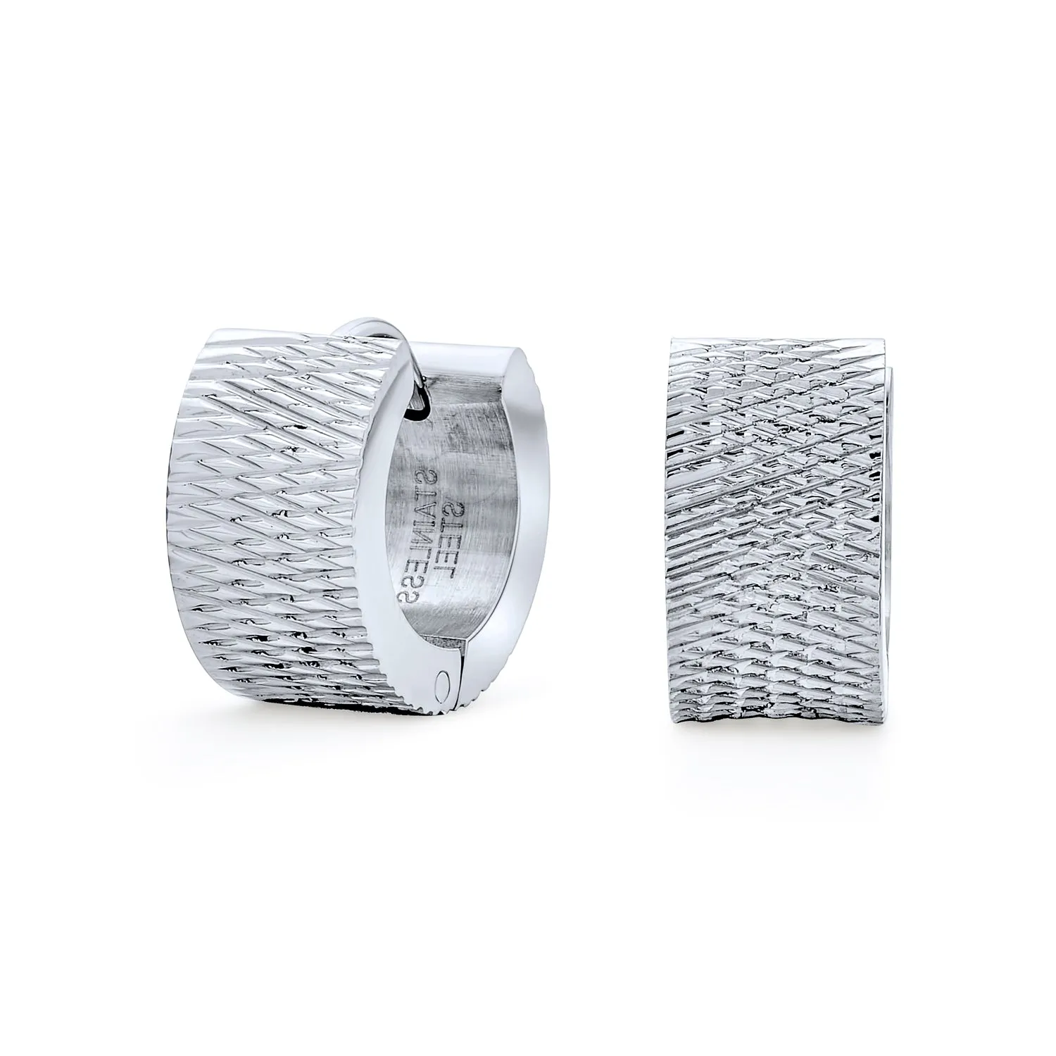 Mens Earrings Geometric Carved Matte Hoop Huggie in Silver Stainless Steel