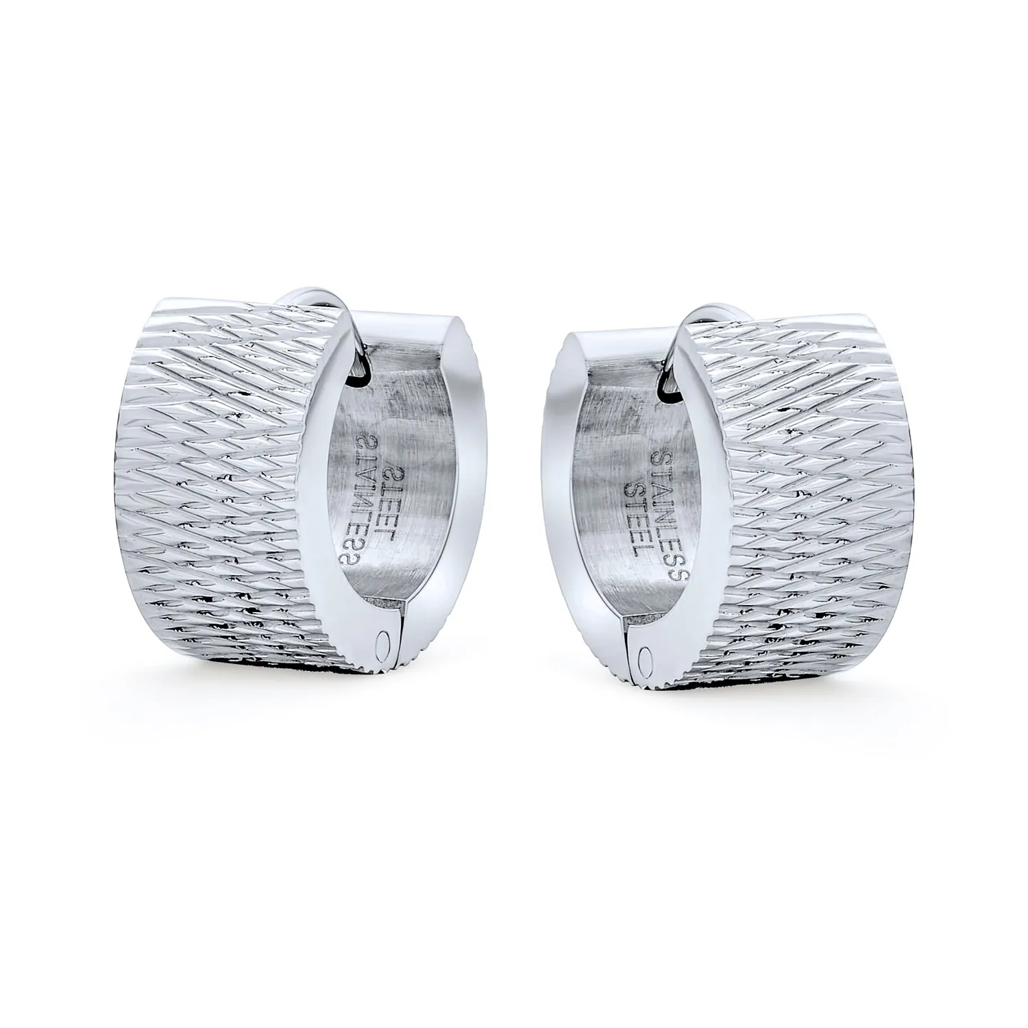 Mens Earrings Geometric Carved Matte Hoop Huggie in Silver Stainless Steel