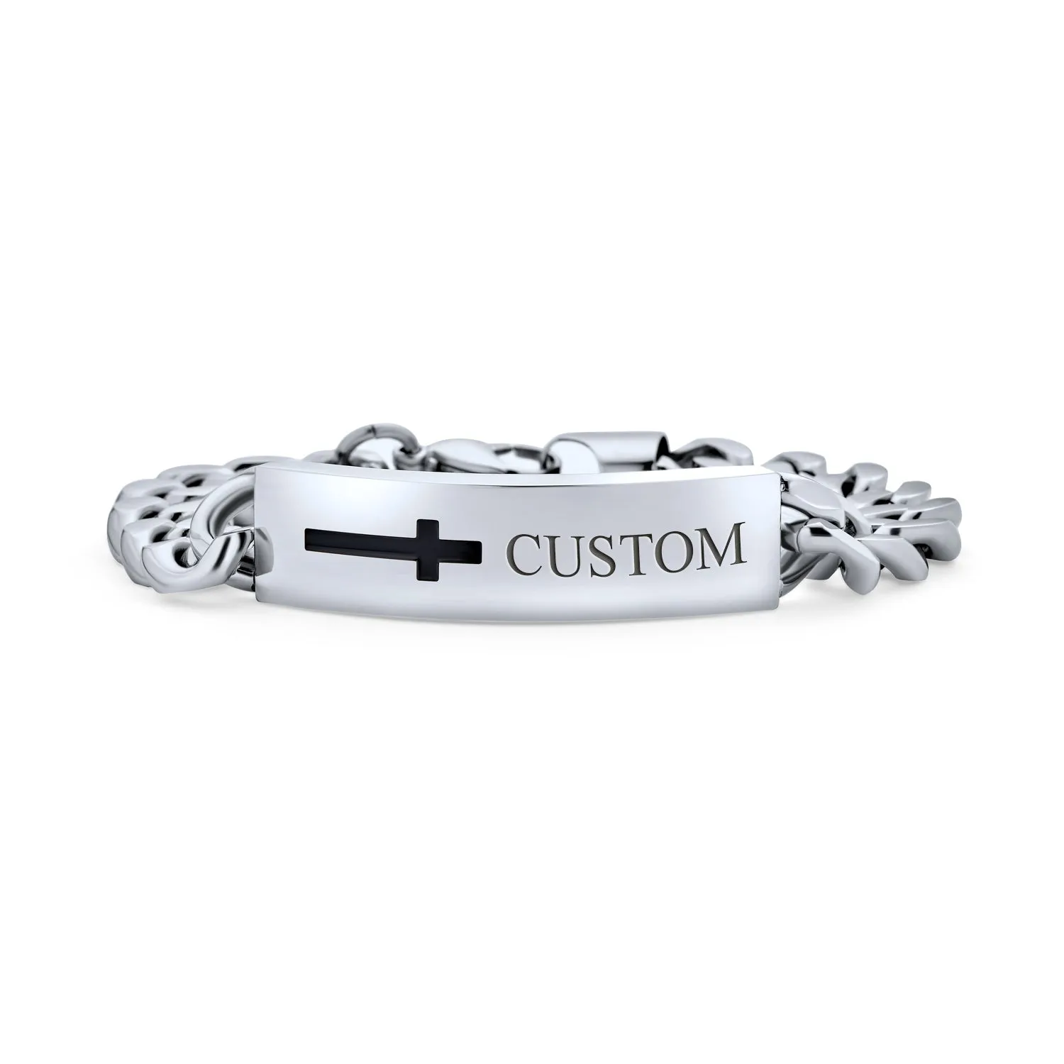 Men's Silver Tone Stainless Steel Cross ID Bracelet with Curb Chain
