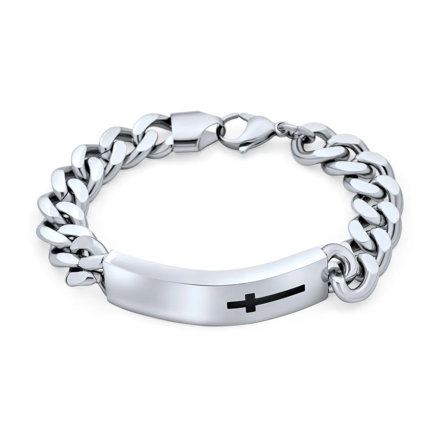Men's Silver Tone Stainless Steel Cross ID Bracelet with Curb Chain