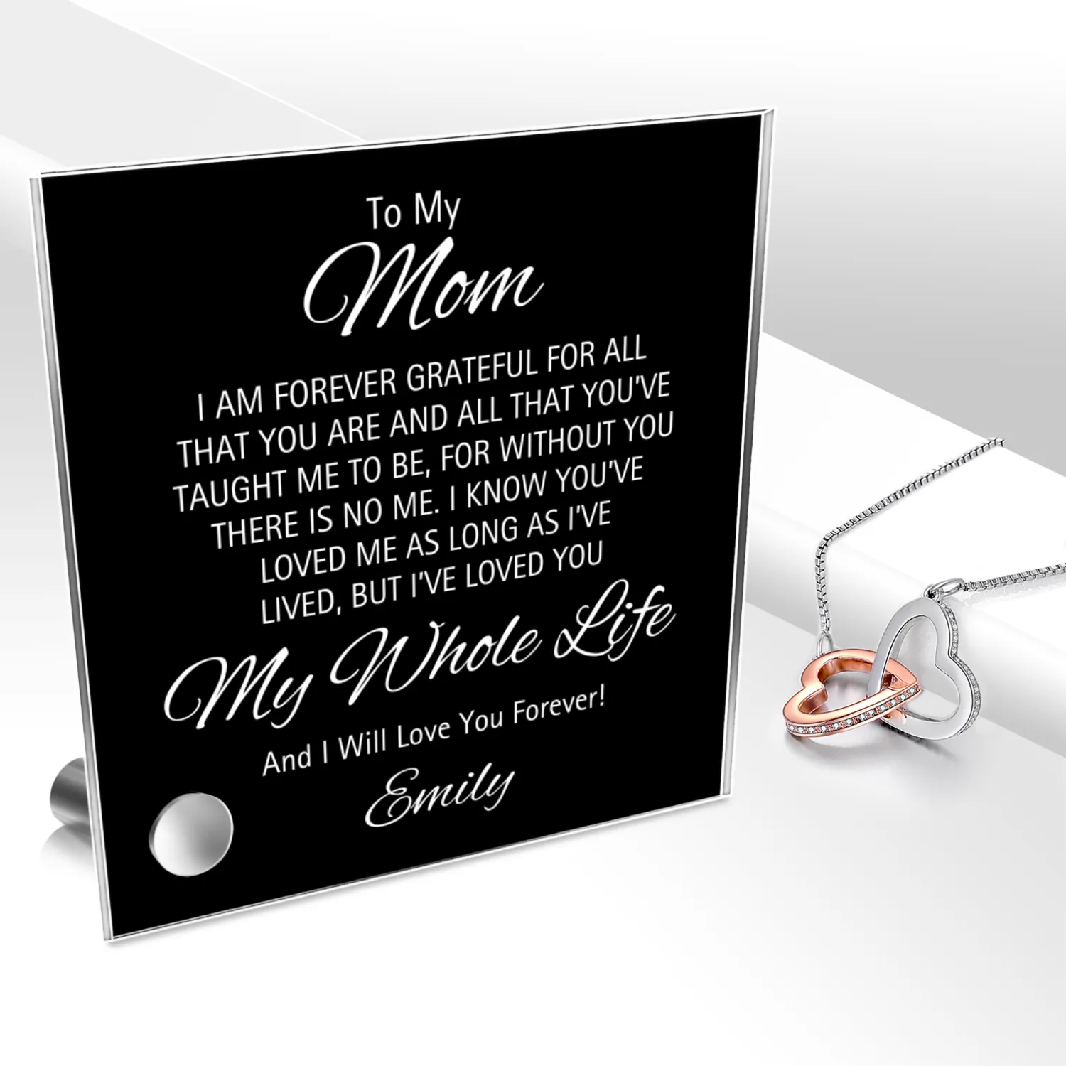 Mom Personalized Message Plaque & Locked Hearts Pendants