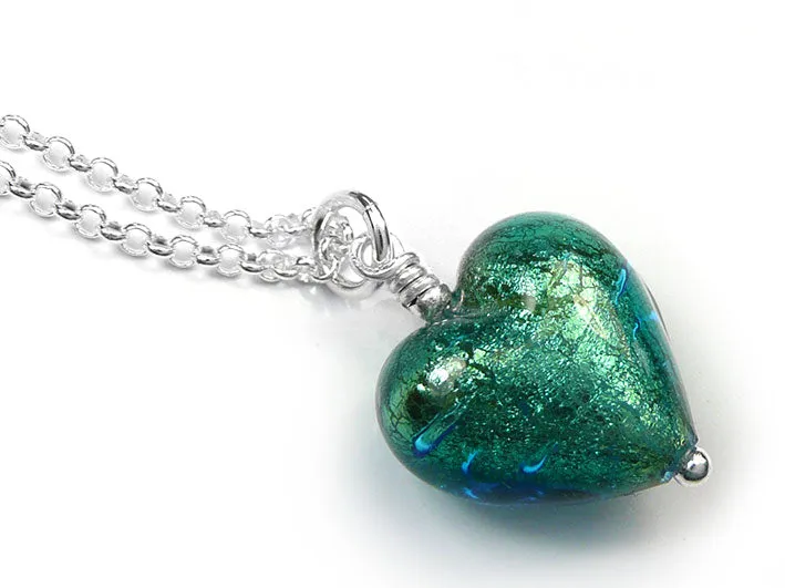 Murano Glass Heart Pendant - Kingfisher Small