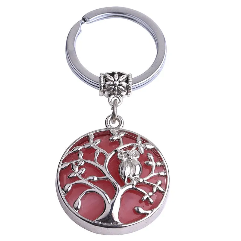 Natural Stone Keychains Silver Color Tree of Life Keyring Healing Crystal Car Bag Wallet Decor Keyholder