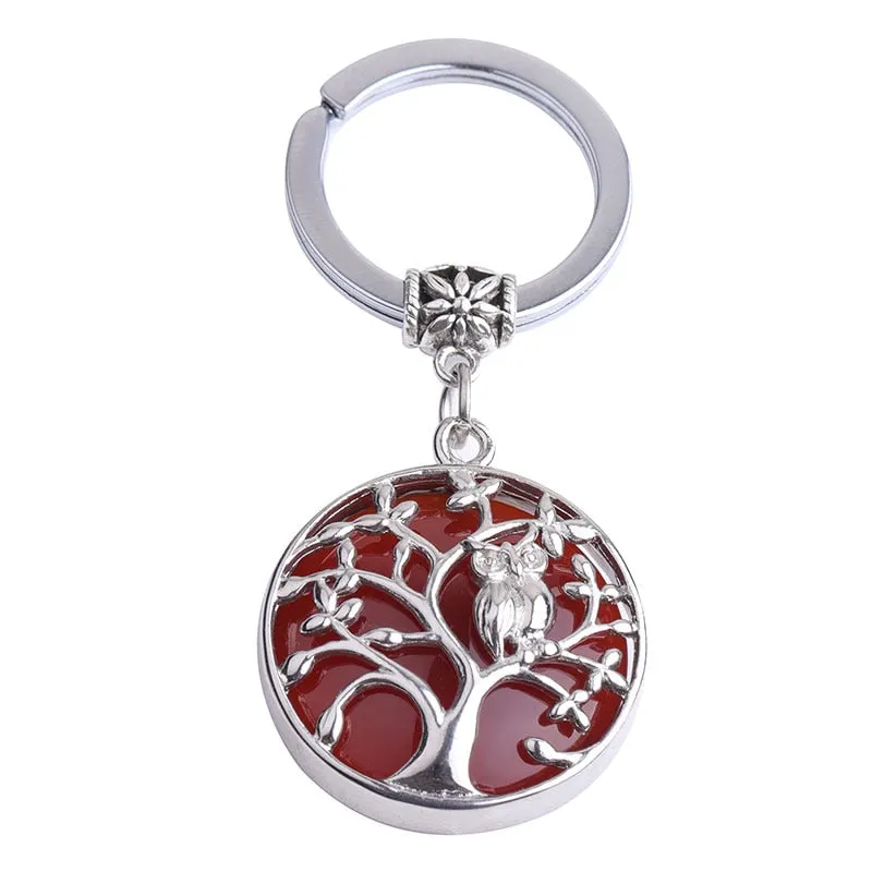 Natural Stone Keychains Silver Color Tree of Life Keyring Healing Crystal Car Bag Wallet Decor Keyholder