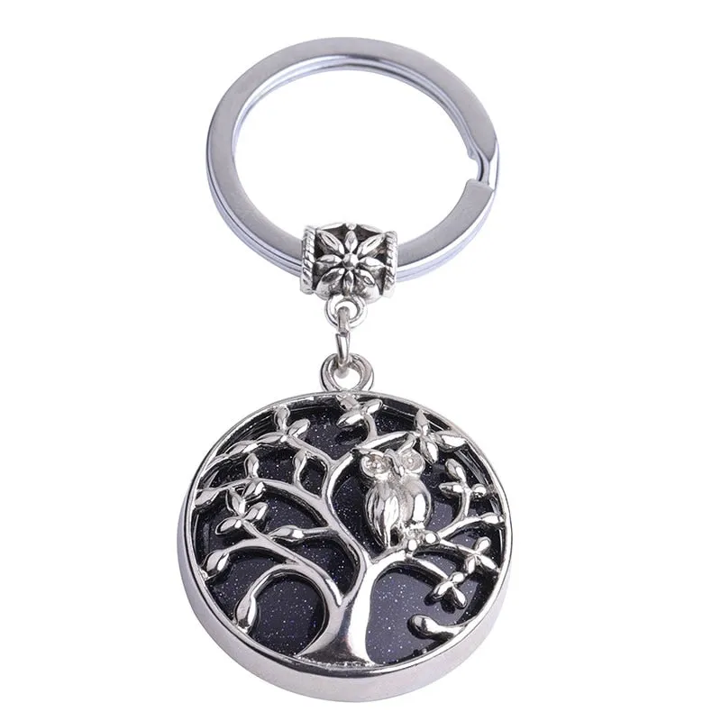 Natural Stone Keychains Silver Color Tree of Life Keyring Healing Crystal Car Bag Wallet Decor Keyholder