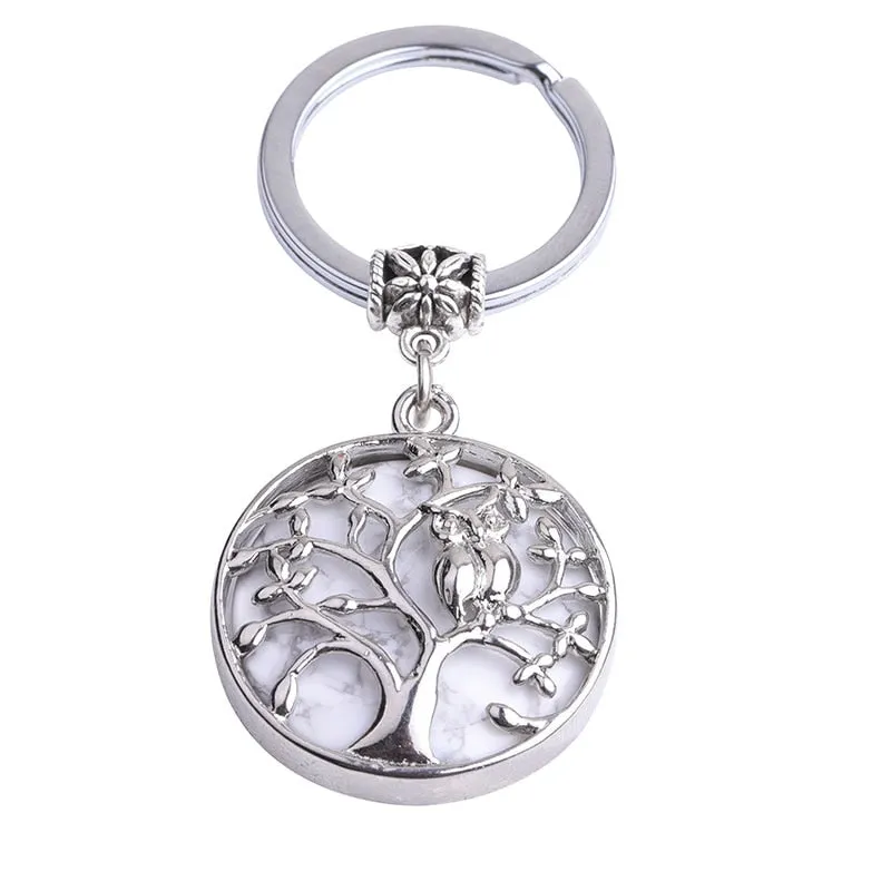 Natural Stone Keychains Silver Color Tree of Life Keyring Healing Crystal Car Bag Wallet Decor Keyholder
