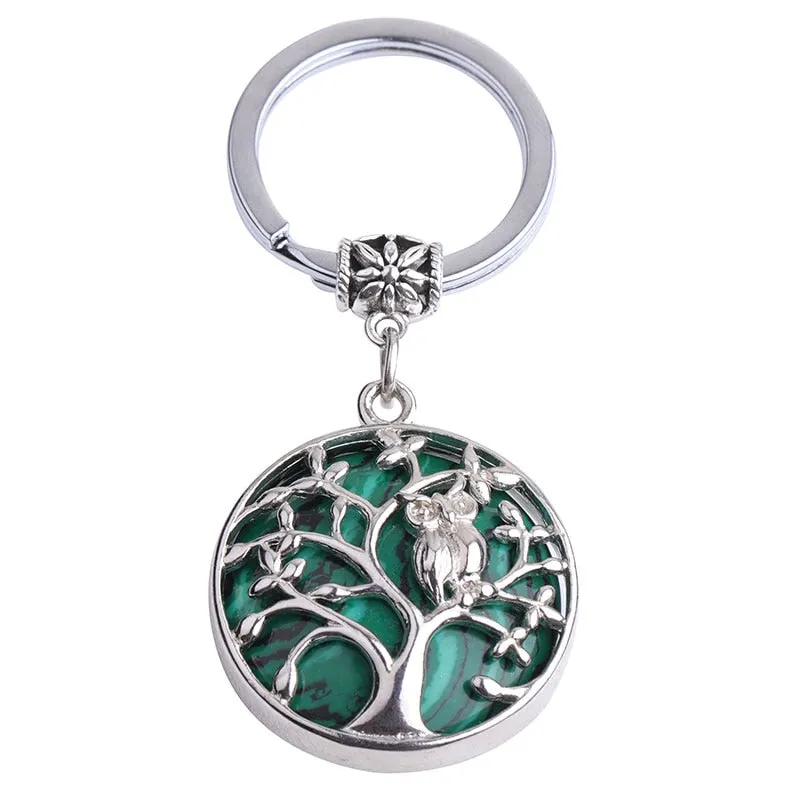 Natural Stone Keychains Silver Color Tree of Life Keyring Healing Crystal Car Bag Wallet Decor Keyholder