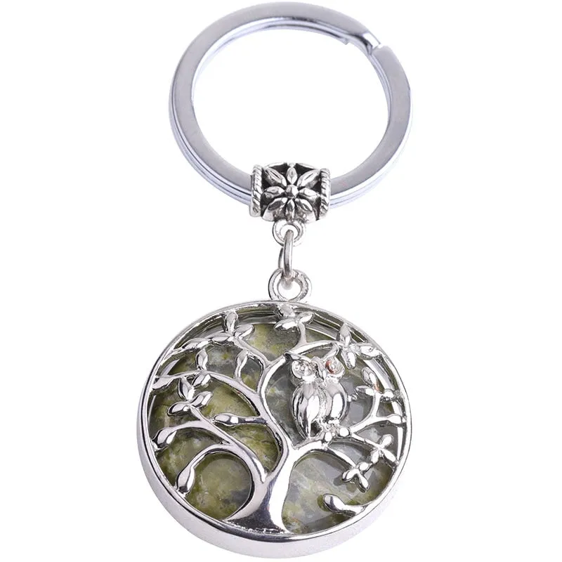 Natural Stone Keychains Silver Color Tree of Life Keyring Healing Crystal Car Bag Wallet Decor Keyholder
