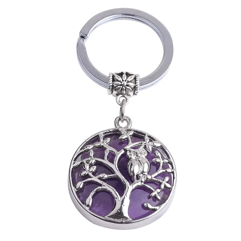 Natural Stone Keychains Silver Color Tree of Life Keyring Healing Crystal Car Bag Wallet Decor Keyholder
