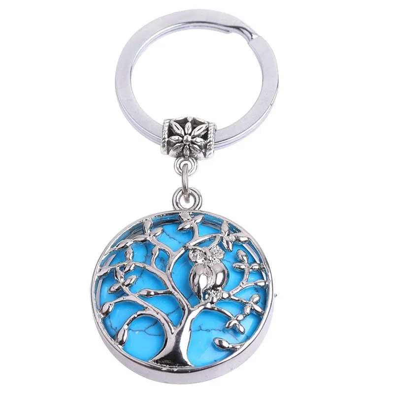 Natural Stone Keychains Silver Color Tree of Life Keyring Healing Crystal Car Bag Wallet Decor Keyholder