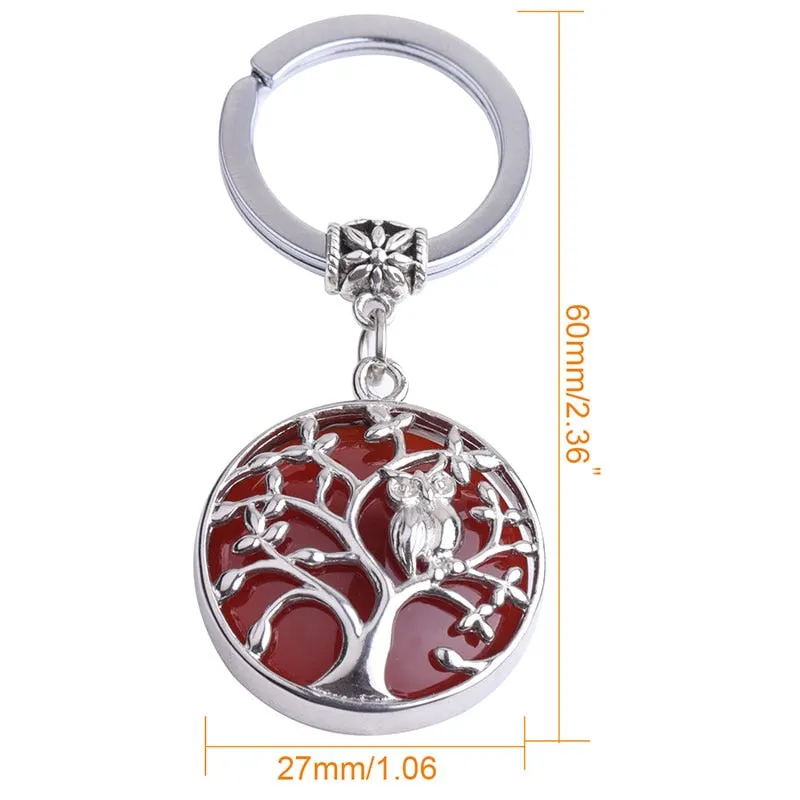 Natural Stone Keychains Silver Color Tree of Life Keyring Healing Crystal Car Bag Wallet Decor Keyholder