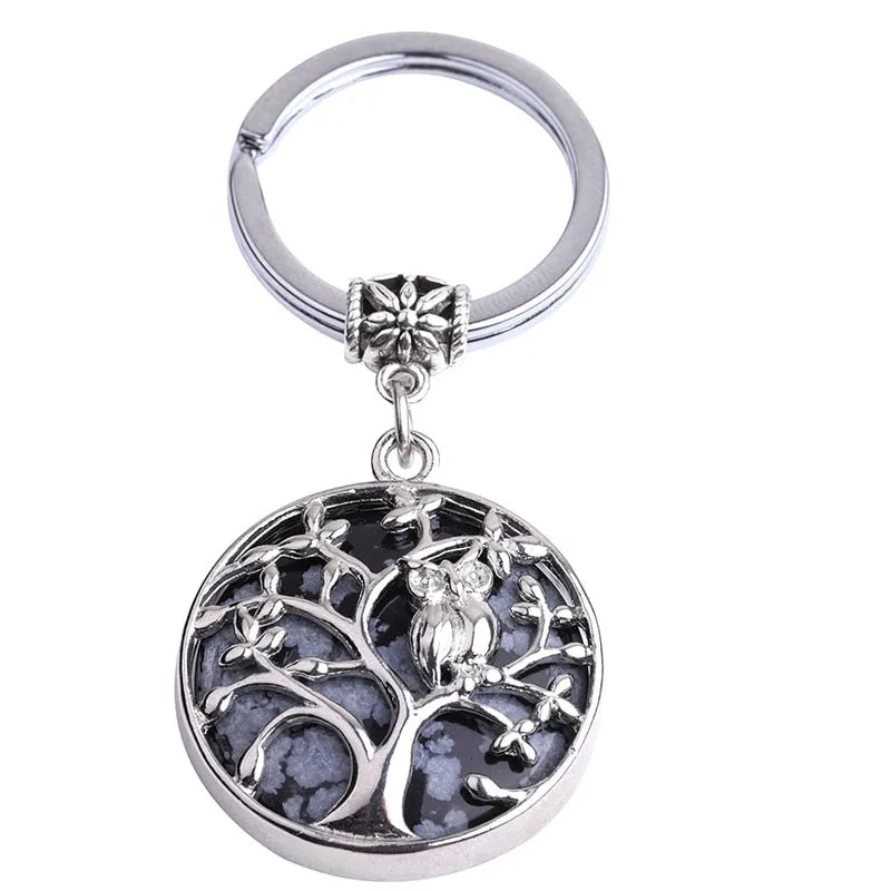 Natural Stone Keychains Silver Color Tree of Life Keyring Healing Crystal Car Bag Wallet Decor Keyholder