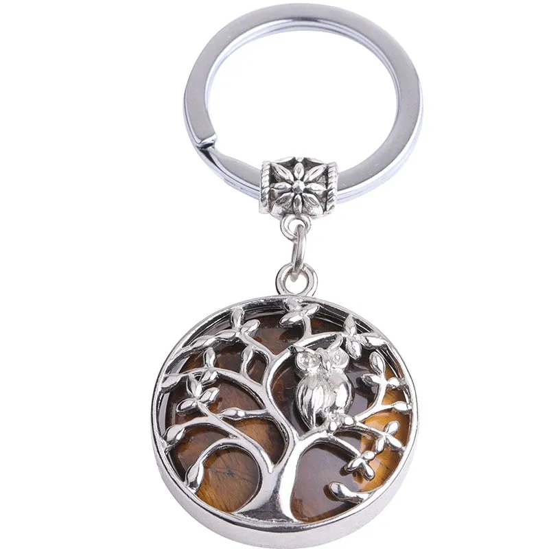 Natural Stone Keychains Silver Color Tree of Life Keyring Healing Crystal Car Bag Wallet Decor Keyholder