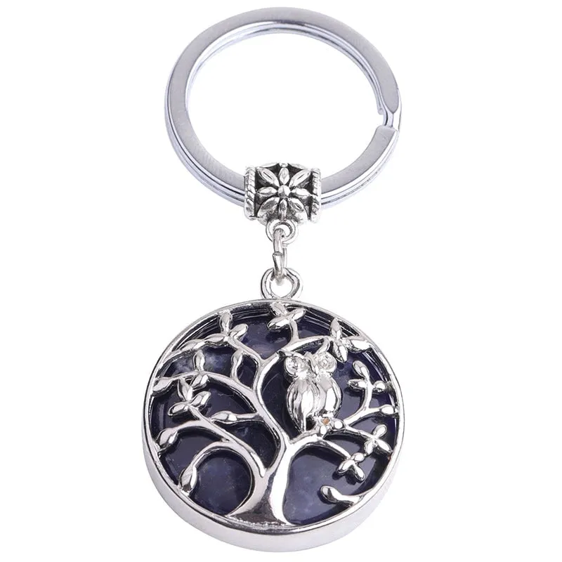 Natural Stone Keychains Silver Color Tree of Life Keyring Healing Crystal Car Bag Wallet Decor Keyholder