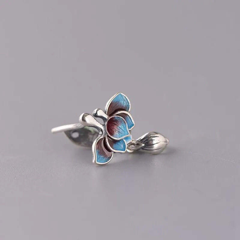 New Silver Enamel Lotus Blue Pendant Necklace